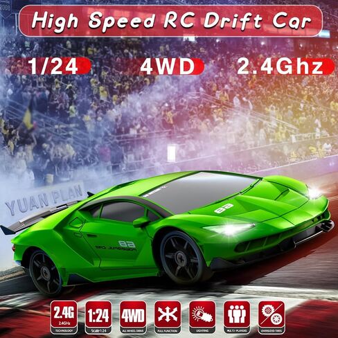 RC Drift Car, 1/24 4WD Remote Control Car RC Cars for Kids, 2.4GHz Hobby Racing Car Toys with LED Light Two Rechargeable Batteries and Drift Tires Toy Cars Birthday Gifts for Boys Adults in Saudi Arabia