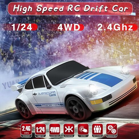 RC Drift Car, 1/24 4WD Remote Control Car RC Cars for Kids, 2.4GHz Hobby Racing Car Toys with LED Light Two Rechargeable Batteries and Drift Tires Toy Cars Birthday Gifts for Boys Adults in Saudi Arabia