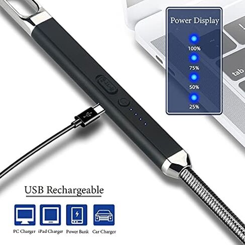 ولاعة شمعة، ولاعة كهربائية قابلة لإعادة الشحن عبر USB مع شاشة LED رقبة مرنة 360 درجة، ولاعة طويلة مقاومة للرياح وبلازما مقوسة مع خطاف مفتاح أمان لشواية المطبخ (عبوة من قطعتين، أسود وفضي) in Kuwait