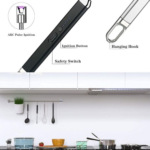 ولاعة شمعة، ولاعة كهربائية قابلة لإعادة الشحن عبر USB مع شاشة LED رقبة مرنة 360 درجة، ولاعة طويلة مقاومة للرياح وبلازما مقوسة مع خطاف مفتاح أمان لشواية المطبخ (عبوة من قطعتين، أسود وفضي) in Kuwait