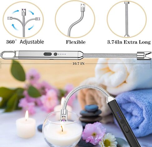 ولاعة شمعة، ولاعة كهربائية قابلة لإعادة الشحن عبر USB مع شاشة LED رقبة مرنة 360 درجة، ولاعة طويلة مقاومة للرياح وبلازما مقوسة مع خطاف مفتاح أمان لشواية المطبخ (عبوة من قطعتين، أسود وفضي) in Kuwait