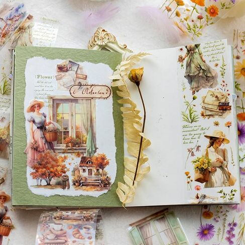 6 لفات من شريط اشي الأزهار النباتية، شخصيات عتيقة للفتيات، شريط زخرفي للحرف اليدوية، أشرطة اشي القهوة الخريفية، ملصقات شريط واشي عريضة على شكل زهرة طبيعية، شريط لاصق مزخرف لليوميات in Kuwait