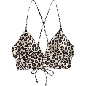 SHENHE Women's Leopard Criss Cross V Neck Bikini Top Animal Print Sexy Swimsuit Top