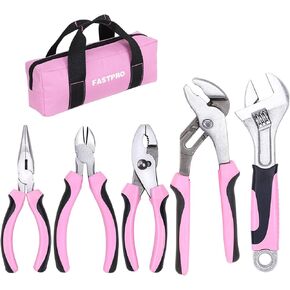 FASTPRO 5-Piece Pink Utility Pliers Set with Storage Bag, Includes Groove Joint Pliers, Diagonal Pliers, Adjustable Wrench, Long Nose Pliers, Slip Joint Pliers