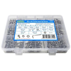 iexcell 1350 Pcs M3 x 4/5/6/8/10/12/14/16/20/25/30 Stainless Steel 304 Hex Socket Head Cap Screws Blots Nuts Washers Assortment Kit