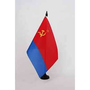 AZ FLAG Azerbaijan Soviet Socialist Republic Table Flag 5'' x 8'' - Azerbaijan SSR Desk Flag 21 x 14 cm - Black Plastic Stick and Base