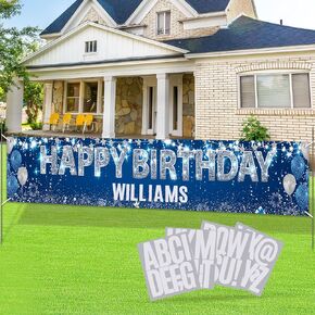 Large Blue Birthday Decorations Banner with Personalized Letter Stickers Custom Navy Blue Silver Happy Birthday Yard Banner DIY Birthday Sign for Men Women Birthday Party Supplies Outdoor Indoor