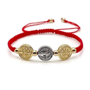 Double-sided St Benedict Medals Two Tone on Adjustable Red Cord Braided Macrame Adjustable Bracelet