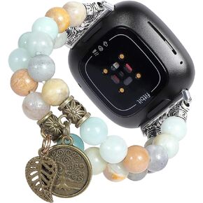 Compatible with Fitbit Versa 3/4 Sense 2 Band Natural Gemstone Beads Bracelet for Women Energy Stones Healing Crystal Stretch Chakra Tree of Life and Leaf Charm