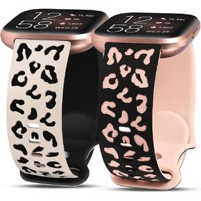 Minyee 2 Packs Leopard Engraved Band Compatible with Fitbit Versa 2/Fitbit Versa/Versa Lite Bands Women, Two-Tone Cheetah Soft Silicone Sport Designer Cute Fancy Summer Strap for Versa 2 Smart Watch in Saudi Arabia