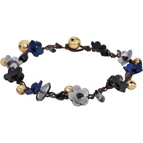 AeraVida Whimsical Pretty Genuine Leather Daisies Flowers Brass Jingle Bells Anklet For Women