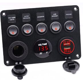 Cllena Dual USB Socket Charger 2.1A&2.1A + LED Voltmeter + 12V Power Outlet + 5 Gang ON-Off Toggle Switch Multi-Functions Panel for Car Boat Marine RV Truck Camper Vehicles GPS Mobiles (Blue)
