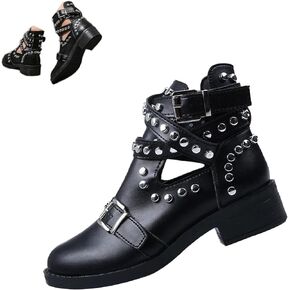 Women's Black Rivet Studded Buckle Strap Ankle Boots,Gothic Punk Cutout Block Heel Motorcycle Cowboy Combat Booties