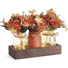 Mkono Mason Jar Lights Centerpiece Table Decorations for Dining Room Farmhouse Coffee Table Decor Tray with 3 Jars Flowers Christmas Centerpieces Decor for Kitchen Living Dining Room, Grey Blue