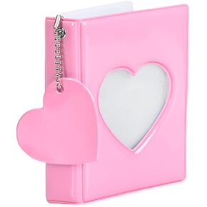 Kpop Photocard Binder Album Holder 3 Inch Sleeves Mini Pink Photo Album Heart Hollow 32 Pockets Photo Card Collection Holder with Cute Pendant Keychain K Pop Merch Stuff