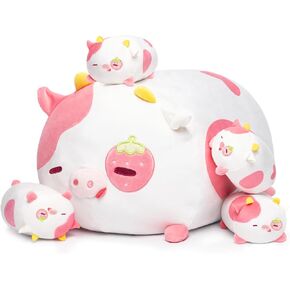 Strawberry Cow Plushies Set, Mommy Cow Stuffed Animal with 4 Cute Small Squishy Babies, Soft Pink Cows Cuddle Pillow, Kawaii Plush Toy Gifts for Girls Boys Toddlers Kids