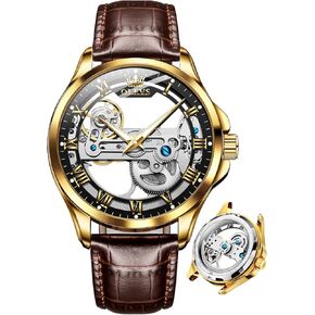 OLEVS Skeleton Watches for Men Automatic Self Winding Mechanical Luxury Dress Leather Waterproof Luminous Men Wrist Watch