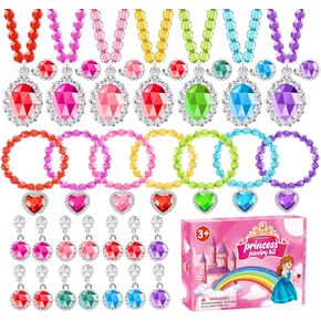 Princess Jewelry Set for Girls with Colorful Necklace Bracelets Rings Earrings Birthday Gifts Party Favors Pretend Play Dress up Costume Friendship Jewelry for Toddler Girls (Heart)