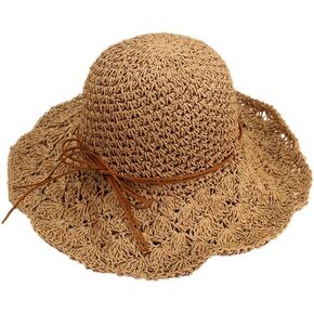 Womens Crochet Straw Hat Wide Brim Summer Beach Sunhat Foldable Floppy Fedora Hat UPF 50+ UV Protection Travel Sun Cap