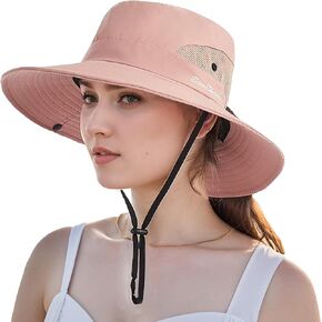 Womens Beach Sun Hat Mesh High Ponytail Hole Wide Brim UV Protection Bucket Hat Outdoor Fishing Cap Summer 22.5"
