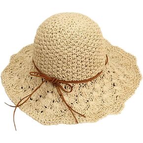 Womens Crochet Straw Hat Wide Brim Summer Beach Sunhat Foldable Floppy Fedora Hat UPF 50+ UV Protection Travel Sun Cap