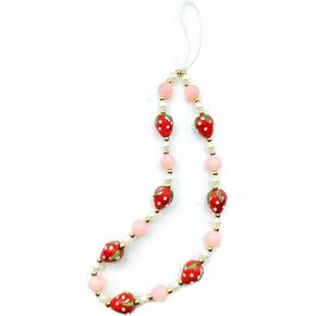 Strawberry Beaded Phone Charm Sweet Fruit Pearl Lanyard Wrist Strap Cute Beaded Phone Charms Lanyard Handmade Beads Anti Lost Phone Chain Keychain Phone Beaded Phone Strap Charm for Women and Girls