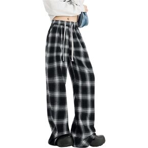 OYOANGLE Women's Plaid Print Pants Drawstring Elastic Waisted Wide Leg Casual Pants