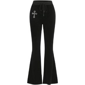 Milumia Women's Drawstring Waist Flare Leggings Goth Print Velvet Bell Bottom Y2k Pants