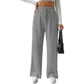 Knit Pants for Women, Ribbed Pants, Wide Leg Lounge Pants for Women, Elastic Waist Straight Leg Sweatpants in Kuwait