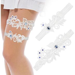 2Pcs Wedding Garters for Bride, White Lace Garter Floral Garters with Blue Rhinestone, Wedding Garter Set for Bride Women in Saudi Arabia