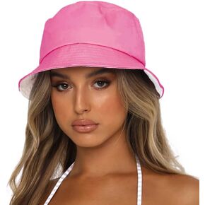 قبعة دلو Sydbecs للنساء والرجال، قبعة شاطئ صيفية من القطن ذات وجهين، نمط بلون سادة (B وردي فاقع/أبيض قابل للعكس) in Kuwait