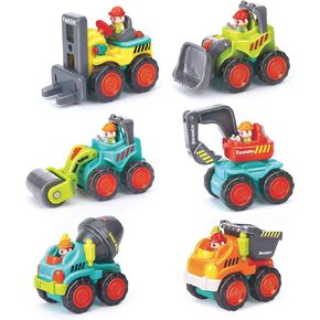 6 Pieces Construction Vehicles Toy Trucks Set - Bulldozer, Cement Mixer, Dumper, Forklift, Excavator and Road Roller for Your Little Contractor - Push and Go Sliding Toys for Toddlers 18m+