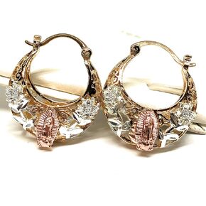 Fran & Co. Jewelry Gold Plated Tri Color Virgin Mary Flower Basket Earrings Virgen De Guadalupe Aretes Arracadas