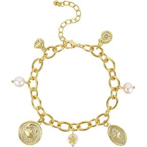Gold Ocean Charm Link Bracelet for Women Teen Girls 14K Gold Plated Chain Bracelet with Dangle Pearl Seashell Conch Crab Pendant Bracelet Adjustable Party Trendy Summer Beach Jewelry Gift for Girls