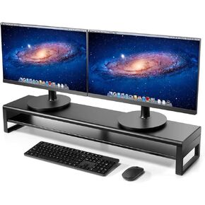 Vaydeer Aluminum 2 Tiers Dual Monitor Stand Riser Support Computer Screen,Desk Stand Sustain Laptop Computer PC Monitor Black (38.58x7.87x3.54inch)