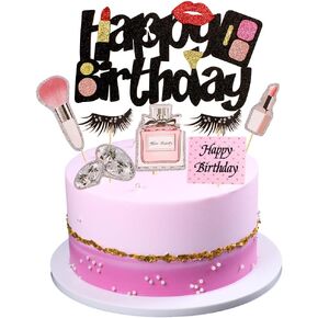 15 PCS Makeup Cupcake Toppers Cosmetics Theme Happy Birthday Cake Toppers Lipstick Eyelashes Makeup Brushes Diamond Perfume Bottle Cake Picks for Bridal Shower Girls Birthday Party