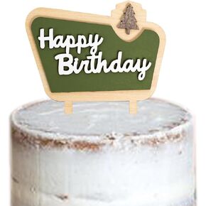 غلاف كعكة خشبي من Happy Camper - غلاف كعكة Happy Bithday، ديكور حفلات أعياد الميلاد للتخييم، أغطية كعكة الغابة للأولاد (غطاء ولادة التخييم)