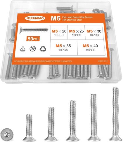 M5 x 8mm 12mm 16mm 20mm 25mm Flat Head Socket Cap Screws Countersunk Bolts, 304 Stainless Steel, Allen Socket Drive, Metric Fully Threaded, Bright Finish, Assortment Kit 50PCS in Saudi Arabia