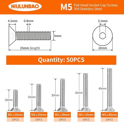 M5 x 8mm 12mm 16mm 20mm 25mm Flat Head Socket Cap Screws Countersunk Bolts, 304 Stainless Steel, Allen Socket Drive, Metric Fully Threaded, Bright Finish, Assortment Kit 50PCS in Saudi Arabia