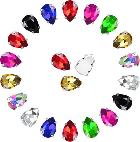 Sew on Rhinestones 86PCS 13 × 18 mm Glass Jewels Diamond Rhinestones Kit Metal Flat Back Rhinestones Prongs Setting Sewing Claw Tear Drop Shape Gems for Crafts, Clothes, Shoes Mixed Colors in Kuwait