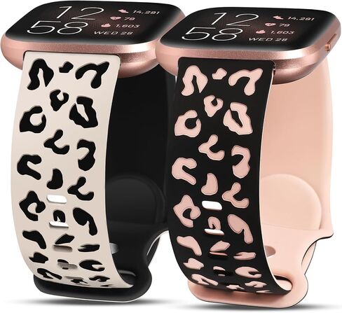 Minyee 2 Packs Leopard Engraved Band Compatible with Fitbit Versa 2/Fitbit Versa/Versa Lite Bands Women, Two-Tone Cheetah Soft Silicone Sport Designer Cute Fancy Summer Strap for Versa 2 Smart Watch in Saudi Arabia