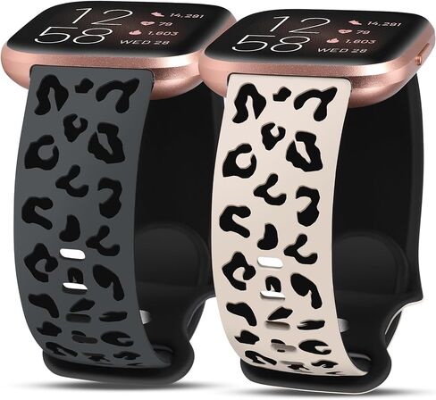 Minyee 2 Packs Leopard Engraved Band Compatible with Fitbit Versa 2/Fitbit Versa/Versa Lite Bands Women, Two-Tone Cheetah Soft Silicone Sport Designer Cute Fancy Summer Strap for Versa 2 Smart Watch in Saudi Arabia