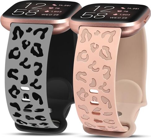 Minyee 2 Packs Leopard Engraved Band Compatible with Fitbit Versa 2/Fitbit Versa/Versa Lite Bands Women, Two-Tone Cheetah Soft Silicone Sport Designer Cute Fancy Summer Strap for Versa 2 Smart Watch in Kuwait