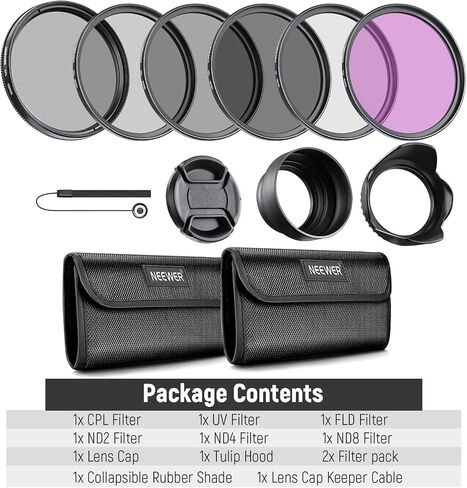 NEEWER 43mm ND Lens Filter Kit: UV, CPL, FLD, ND2, ND4, ND8, Lens Hood and Lens Cap Compatible with Canon Nikon Sony Panasonic DSLR Cameras with 43mm Lens in Kuwait
