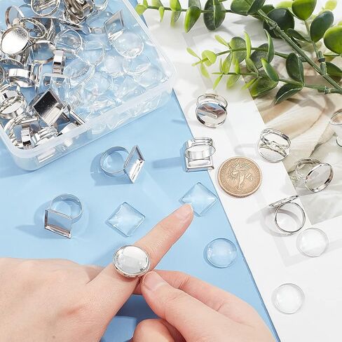 DICOSMETIC 20Sets Adjustable Cabochon Ring Base Bezel Tray Antique Bronze Flat Blank Ring Base Brass Pad Ring Blank Round Square Base Finger Ring with Glass Cabochons for Jewelry Making in Saudi Arabia