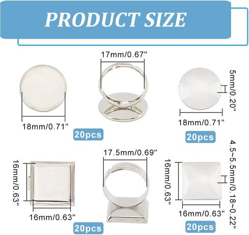 DICOSMETIC 20Sets Adjustable Cabochon Ring Base Bezel Tray Antique Bronze Flat Blank Ring Base Brass Pad Ring Blank Round Square Base Finger Ring with Glass Cabochons for Jewelry Making in Saudi Arabia