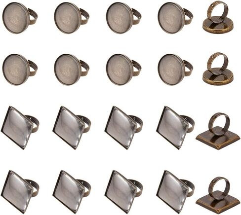 DICOSMETIC 20Sets Adjustable Cabochon Ring Base Bezel Tray Antique Bronze Flat Blank Ring Base Brass Pad Ring Blank Round Square Base Finger Ring with Glass Cabochons for Jewelry Making in Saudi Arabia