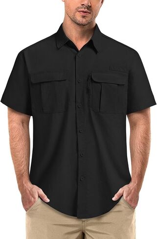 قميص صيد السمك للرجال بأكمام قصيرة، قميص صيفي مقاوم للماء للمشي لمسافات طويلة، قميص بأزرار سفلية مع جيب بسحاب، خفيف الوزن in Kuwait