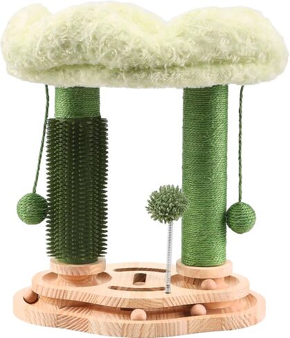 Cat Scratching Post with Bed,Small Cat Tree for Kittens and Small Cats,Cat Self Groomer with 3-Tier Wood Base,Removable Bed,Groomer Brush,Natural Sisal,2*Dangling Balls,Interactive Ball Toys in Saudi Arabia
