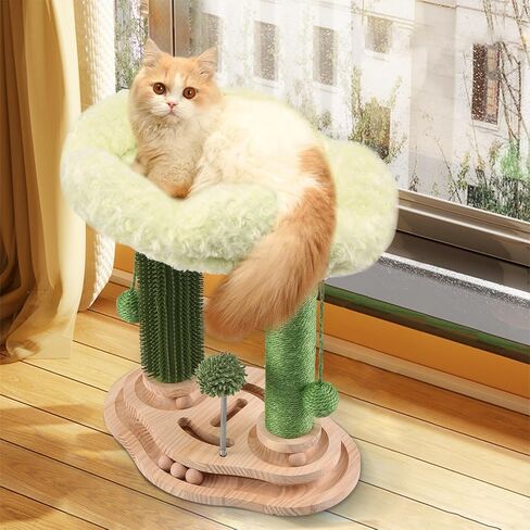 Cat Scratching Post with Bed,Small Cat Tree for Kittens and Small Cats,Cat Self Groomer with 3-Tier Wood Base,Removable Bed,Groomer Brush,Natural Sisal,2*Dangling Balls,Interactive Ball Toys in Saudi Arabia